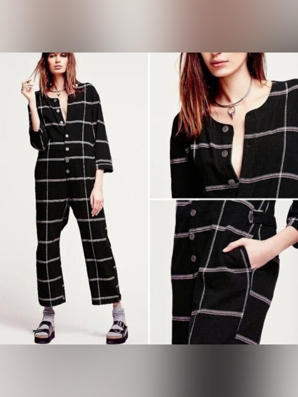Free People Keep It In Check Black Plaid Jumpsuit XS
